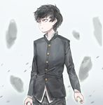  bags_under_eyes black_eyes black_hair black_jacket black_legwear black_pants collared_shirt highres jacket kageyama_shigeo long_sleeves male_focus mob_psycho_100 open_hands pants parted_lips shirt solo standing white_background yohan1754 