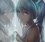  2016 aqua_eyes aqua_hair character_name copyright_name dated hatsune_miku headphones highres long_hair looking_at_viewer necktie reflection solo superdong tattoo twintails vocaloid 