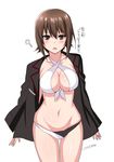  :o ? alternate_costume bangs bikini black_jacket breasts brown_eyes brown_hair cleavage front-tie_bikini front-tie_top girls_und_panzer groin halterneck jacket jacket_over_swimsuit kuromorimine_military_uniform large_breasts looking_at_viewer military military_uniform navel nishizumi_maho open_clothes open_jacket saikawa_yusa short_hair sleeves_past_wrists solo swimsuit twitter_username uniform white_background white_bikini 