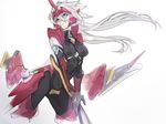  alpha-01 blazblue bodysuit breasts forehead_jewel genderswap genderswap_(mtf) green_eyes heterochromia horn horned_headwear long_hair mecha_musume medium_breasts ragna_the_bloodedge red_eyes sakio_(7171) silver_hair solo weapon 