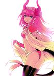  :o aqua_eyes armor ass bikini_armor black_legwear cape curled_horns dragon_tail elizabeth_bathory_(brave)_(fate) elizabeth_bathory_(fate)_(all) fang fate/grand_order fate_(series) from_side gauntlets hizuki_mai horns long_hair looking_to_the_side pauldrons pink_hair pointy_ears red_armor silver_trim solo tail thighhighs white_background 