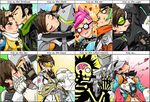  1girl alternate_costume alternate_hair_color blush brown_hair cheek_kiss chip-tooth couple cyborg ear_piercing english forehead_kiss genji_(overwatch) goggles hand_kiss head_back helmet hetero implied_cunnilingus kiss neck_kiss out-of-frame_censoring overwatch piercing pink_hair punk_tracer slipstream_tracer tongue tongue_out torogao tracer_(overwatch) union_jack x-ray_vision 