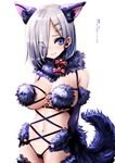  animal_ears blue_eyes blue_gloves breasts commentary_request cosplay dangerous_beast elbow_gloves eyebrows eyebrows_visible_through_hair eyes_visible_through_hair fate/grand_order fate_(series) gloves hair_ornament hair_over_one_eye hairclip halloween_costume hamakaze_(kantai_collection) highres kantai_collection large_breasts look-alike looking_at_viewer mash_kyrielight mash_kyrielight_(cosplay) navel short_hair silver_hair simple_background smile souryu thighhighs translated white_background wolf_ears 