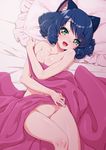  :d animal_ears bed_sheet blue_hair blush breasts cleavage collarbone cyan_(show_by_rock!!) drill_hair eyebrows eyebrows_visible_through_hair frilled_pillow frills green_eyes groin lying medium_breasts nude on_back open_mouth pillow ringlets senzoc show_by_rock!! smile solo thighs 