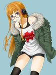  glasses headphones hida_tatsuo jacket long_hair orange_hair persona persona_5 sakura_futaba shorts solo 
