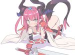  armor armored_boots asymmetrical_horns bikini bikini_armor black_legwear blade_(galaxist) blue_eyes blue_ribbon blush boots breasts cape choker downblouse elizabeth_bathory_(brave)_(fate) elizabeth_bathory_(fate)_(all) fate/extra fate/extra_ccc fate/grand_order fate_(series) hair_ribbon horns long_hair looking_at_viewer loose_bikini pauldrons pointy_ears red_armor red_hair ribbon silver_trim simple_background small_breasts solo swimsuit sword tail weapon white_background 