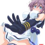  alternate_costume aoba_(kantai_collection) bare_shoulders blue_eyes blue_scrunchie blush breasts cosplay dd_(ijigendd) dutch_angle elbow_gloves from_below gloves hands impossible_clothes impossible_shirt kantai_collection large_breasts looking_down messy_hair neckerchief numbered ponytail purple_hair sailor_collar samidare_(kantai_collection) samidare_(kantai_collection)_(cosplay) school_uniform scrunchie serafuku shirt simple_background skirt smile solo thighhighs white_background 