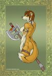  2013 anthro aurancreations bare_back battle_ax breasts brown_hair canine ear_piercing female fox grey_eyes grey_nose hair holding_object holding_weapon looking_at_viewer mammal nipples nude picture_frame piercing side_boob simple_background solo standing weapon 