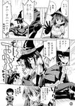  &gt;_&lt; 1boy 1girl :d admiral_(kantai_collection) alternate_costume ashigara_(kantai_collection) blush closed_eyes comic elbow_gloves gloves greyscale haguro_(kantai_collection) hairband halloween halloween_costume kantai_collection long_hair military military_uniform minimaru monochrome myoukou_(kantai_collection) naval_uniform open_mouth seiza short_hair sitting smile spoken_exclamation_mark sweat thighhighs tickling translated trembling uniform v_arms xd zettai_ryouiki 