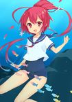  :d ahoge bad_id bad_pixiv_id fish hukasikasi i-168_(kantai_collection) kantai_collection long_hair looking_at_viewer one-piece_swimsuit open_mouth ponytail red_eyes red_hair sailor_collar_lift school_swimsuit school_uniform serafuku smile solo swimsuit swimsuit_under_clothes underwater very_long_hair 