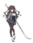  boots brown_hair dress full_body gloves hand_on_own_cheek high_heels highres holding holding_weapon long_hair looking_at_viewer mitsudomoe_(shape) naginata pantyhose polearm single_glove smile solo tomoe_(symbol) two_side_up weapon 