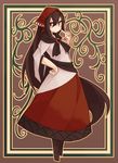  absurdly_long_hair alternate_hair_length alternate_hairstyle bangs black_footwear blouse blush boots breasts brooch brown_hair eyes_visible_through_hair finger_to_cheek from_side full_body hand_on_hip head_scarf imaizumi_kagerou jewelry kaginoni long_hair long_legs looking_at_viewer medium_breasts no_tail patterned_background red_eyes red_skirt sash skirt smile solo standing touhou very_long_hair white_blouse wide_sleeves 
