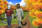 anthro autumn brown_fur clothed clothing cloud detailed_background duo eye_contact feline fur kobol male male/male mammal outside panther romantic sky sweater thio tiger tsaiwolf walkway white_tiger 