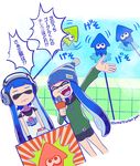  arm_up bad_id bad_tumblr_id beanie bike_shorts blue_hair bobble-chan_(splatoon) buttons censored closed_eyes domino_mask fangs hat headphone-chan_(splatoon) headphones hood hoodie inkling jersey katou_(osoraku) mask microphone mosaic_censoring multiple_girls onsen osomatsu-san parody sidelocks smile splatoon_(manga) splatoon_(series) splatoon_1 tentacle_hair translation_request 