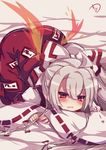 ahoge ass baggy_pants bangs bed_sheet blunt_bangs blush bow drooling eyebrows_visible_through_hair fiery_wings fujiwara_no_mokou hair_between_eyes hair_bow highres long_hair long_sleeves looking_at_viewer muuran ofuda open_mouth pants parted_lips ponytail red_eyes red_pants ribbon-trimmed_sleeves ribbon_trim shiny shiny_hair shirt sidelocks signature silver_hair sleeves_past_wrists solo suspenders top-down_bottom-up touhou white_bow white_shirt wide_sleeves wings 
