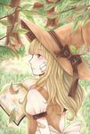  alternate_color alternate_eye_color bad_id bad_pixiv_id bandage_on_face bandaid_on_arm blonde_hair book brown_eyes expressionless forest from_behind grass hat hat_ribbon kirisame_marisa leaf long_hair looking_away looking_to_the_side marker_(medium) memori_(nightazuresky) mixed_media nature open_book puffy_short_sleeves puffy_sleeves ribbon short_sleeves solo touhou traditional_media tree_stump witch_hat 
