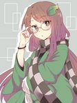  adjusting_eyewear bad_id bad_pixiv_id black_scarf bracelet brown_eyes brown_hair chako_(chakoxxx) checkered checkered_scarf eyebrows eyebrows_visible_through_hair futatsuiwa_mamizou futatsuiwa_mamizou_(human) glasses grey_background hair_ornament highres jewelry leaf_hair_ornament long_hair looking_at_viewer open_mouth round_eyewear scarf sleeves_past_wrists solo touhou upper_body white_scarf wide_sleeves 