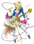  animal_ears blonde_hair blue_eyes cravat guitar highlights highres instrument kiniro_yasha male_focus microphone microphone_stand multicolored_hair show_by_rock!! shu_zo_(show_by_rock!!) smile solo tail 