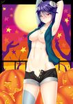  1girl breasts female frankenstein&#039;s_monster_(cosplay) haarmades halloween halloween_costume honey large_breasts orange_eyes original pumpkin purple_hair 