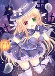  :3 :d blonde_hair blush breasts capelet cleavage cross dress eyebrows eyebrows_visible_through_hair frilled_capelet frilled_dress frilled_gloves frills ghost gloves green_eyes hair_ribbon halloween hat hat_ribbon heterochromia holding jewelry kohinata_hoshimi lace lace-trimmed_hat lantern long_hair looking_at_viewer medium_breasts necklace open_mouth original pumpkin red_eyes ribbon shoes smile solo sparkle star star_(sky) striped striped_legwear striped_ribbon thighhighs witch witch_hat 
