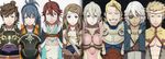  5boys abs absurdres armor blonde_hair blue_eyes blue_hair breasts brown_eyes brown_hair circlet curly_hair eyepatch fire_emblem fire_emblem_if frown green_eyes grey_hair grin hair_bun hairband harold_(fire_emblem_if) headband highres hinata_(fire_emblem_if) japanese_armor japanese_clothes kazahana_(fire_emblem_if) kozaki_yuusuke light_smile long_hair looking_at_viewer medium_breasts multiple_boys multiple_girls non-web_source oboro_(fire_emblem_if) odin_(fire_emblem_if) official_art pectorals ponytail raised_eyebrows red_eyes red_hair samurai scan short_hair simple_background smile smug spandex tsubaki_(fire_emblem_if) white_hair zero_(fire_emblem_if) 