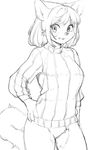  2016 aruurara bottomless cat clothed clothing feline female hair hand_on_hip mammal monochrome simple_background sketch solo sweater top 