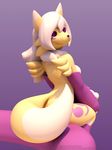  3d_(artwork) anthro anthroanim breasts cleavage clothed clothing digimon digital_media_(artwork) female fur looking_at_viewer nude renamon rina_renamon simple_background sitting smile solo white_fur yellow_fur 
