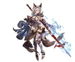  animal_ears armor braid brown_eyes earrings erune full_body gauntlets gloves granblue_fantasy greaves heles holding holding_weapon jewelry long_hair looking_at_viewer minaba_hideo official_art pauldrons pelvic_curtain polearm serious skirt solo thighhighs transparent_background weapon white_hair 
