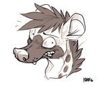 2016 ears_back fur headshot_portrait hyena mammal monochrome multicolored_fur portrait sharp_teeth signature simple_background small_pupils solo spots teeth two_tone_fur worried zenirix 