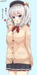  alternate_costume beret blue_eyes breasts cardigan chaa_(korone-ze) dress_shirt grey_hair hat highres kantai_collection kashima_(kantai_collection) large_breasts looking_at_viewer neckerchief open_mouth school_uniform shirt skirt smile solo sweater translated twitter_username two_side_up v 