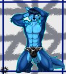  abs anthro biceps black_hair black_nose blue_eyes blue_fur blue_markings bulge canine claws clothed clothing djwolf fur hair kneeling m.mcallister m.mcallister88 male mammal markings multicolored_fur muscular one_eye_closed pecs pose smile solo swimming_trunks swimsuit toe_claws topless two_tone_fur wink wolf 