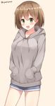  :d blush brown_hair chaa_(korone-ze) green_eyes hands_in_pockets highres hiryuu_(kantai_collection) hood hoodie kantai_collection looking_at_viewer open_mouth short_hair short_shorts shorts smile solo twitter_username 