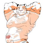  abs armpits blush bottomless clothed clothing erection feline looking_at_viewer male mammal muscular pecs penis simple_background solo tiger ujishiyo white_background 