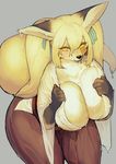  2016 anthro big_breasts black_nose blush breasts canine clothing embarrassed female fluffy fluffy_tail fox fur huge_breasts japanese japanese_clothing kishibe mammal multicolored_fur solo thick_thighs two_tone_fur wet wide_hips yellow_eyes yellow_fur 