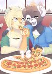  anthro clothed clothing duo feline female food fur hair inside male mammal open_mouth pizza sitting smile yuxare 