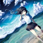 black_hair black_skirt blue_eyes cloud day dress_shirt dutch_angle hand_in_hair holding holding_shoes karo_karo long_hair looking_to_the_side original outdoors pleated_skirt shirt shoes skirt sky smile solo water white_shirt wings 