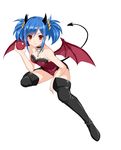  apple black_footwear black_legwear blue_hair boots breasts choker cleavage demon_girl demon_horns demon_tail demon_wings emma_brandoll food fruit full_body highres holding horns kure_masahiro leotard looking_at_viewer medium_breasts official_art red_eyes red_leotard simple_background solo tail thigh_boots thighhighs twintails valkyrie_drive valkyrie_drive_-siren- white_background wings 