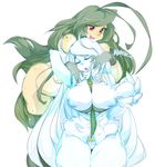  2girls blue_nipples breast_grab breasts breasts_out extra_eyes eyelashes green_hair green_skin huge_breasts insect_girl inverted_nipples long_hair monster_girl multiple_girls nipples pink_eyes scleriteaeaeaggadah slugbox smile text thighhighs tie white_background white_hair white_pants white_shirt white_skin yuri 