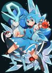  :d blue_eyes blue_hair bow cirno clenched_hand commentary crossover full_body gen_2_pokemon grin hair_bow highres ice ice_wings looking_at_viewer necktie open_mouth poke_ball poke_ball_symbol pokemon pokemon_(creature) red_eyes short_hair smile sofa_(enogunomu) sparkle suicune touhou v-shaped_eyebrows wings 