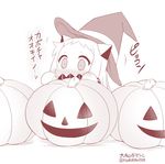  blush commentary covered_mouth hat horns jack-o'-lantern kantai_collection long_hair mittens monochrome northern_ocean_hime nose_blush shinkaisei-kan solo translated twitter_username witch_hat yamato_nadeshiko 