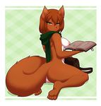  2016 anthro areola bag book butt digital_media_(artwork) female green_background green_eyes looking_at_viewer luna_(ucrodevil) mammal nipples pattern_background pussy re-sublimity-kun red_squirrel rodent scarf simple_background solo squirrel 