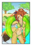  ailuranthropy anthro armpits bikini blue_eyes bracelet breasts canine clothing coyote feathers female fur hair inner_tube jewelry kohi_(waruikoohii) looking_at_viewer mammal navel necklace nipples outside pussy skinny smile solo solo_focus standing swimming_pool swimsuit translucent transparent_clothing tuft water 