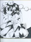  bangs breasts eyebrows eyebrows_visible_through_hair finger_to_mouth futa_(nabezoko) greyscale hat highres holding holding_pen looking_at_viewer medium_breasts monochrome one_eye_closed pen photo pointy_ears pom_pom_(clothes) puffy_short_sleeves puffy_sleeves shameimaru_aya shikishi shirt short_hair short_sleeves skirt solo tokin_hat touhou traditional_media white_background 