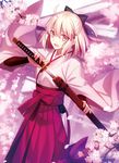 :d ahoge bow brown_eyes cherry_blossoms fate_(series) fuyuki_(neigedhiver) glint hair_bow hakama half_updo highres japanese_clothes katana kimono koha-ace long_sleeves looking_at_viewer okita_souji_(fate) okita_souji_(fate)_(all) open_mouth petals pink_hair sheath short_hair smile solo sword tree_branch unsheathing weapon wide_sleeves 