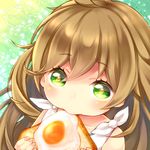  1girl akatsuki_rokino amaama_to_inazuma blush child eating egg eyebrows eyebrows_visible_through_hair food holding inuzuka_tsumugi long_hair looking_at_viewer orange_hair solo toast upper_body 