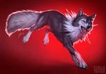  blue_eyes claws full_body gen_7_pokemon lhuin lycanroc no_humans pokemon pokemon_(creature) realistic red_background signature solo wolf 