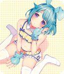  3: animal_ears bangs bare_shoulders between_legs bloomers blue_bow blue_gloves blue_hair blush bow bunny_ears closed_mouth crop_top detached_collar ensemble_stars! eyebrows eyebrows_visible_through_hair fingerless_gloves from_above fur_gloves fur_trim gloves groin hair_flaps hand_between_legs lips looking_at_viewer male_focus midriff navel no_shoes otoko_no_ko plaid plaid_background purple_eyes rinndouk shino_hajime sitting sleeveless smile solo spaghetti_strap stomach thighhighs underwear wariza white_legwear yellow_background 