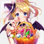  :o ayase_eli bat_wings blonde_hair blue_eyes blush candy detached_collar eyebrows eyebrows_visible_through_hair food grey_background halloween halloween_costume hat jack-o'-lantern looking_at_viewer love_live! love_live!_school_idol_project mini_hat mini_witch_hat ponytail satoimo_chika short_hair solo wings witch_hat 