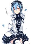  alternate_costume bad_id bad_pixiv_id between_legs black_bow black_neckwear blue_eyes blue_hair blush bow bowtie braid breasts dress enmaided frilled_dress frilled_sleeves frills full_body hair_between_eyes hair_ornament hairclip hand_between_legs heterochromia highres horns io_(pso2) kurebayashi_noe loafers long_sleeves looking_at_viewer maid maid_headdress phantasy_star phantasy_star_online_2 red_eyes shoes short_dress short_hair simple_background single_braid sitting small_breasts solo thighhighs translated white_background white_dress white_legwear zettai_ryouiki 