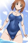  ass_visible_through_thighs breasts brown_eyes brown_hair cleavage competition_school_swimsuit from_below girls_und_panzer highleg highleg_swimsuit highres huge_breasts nishizumi_miho one-piece_swimsuit school_swimsuit shiny shiny_clothes short_hair smile solo standing swimsuit taigi_akira water 